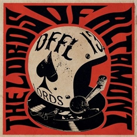 Text: "OFF! THE LORDS OF ALTAMONT". Illustration eines Helms mit Pik-Symbol auf rotem Hintergrund.