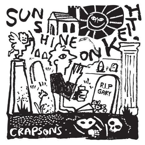 „SUN SHINE ON KEITH“, „R.I.P GARY“, „CRAPSONS“. Illustration mit Gräbern, einer Figur und einer Sonne mit Gesicht.