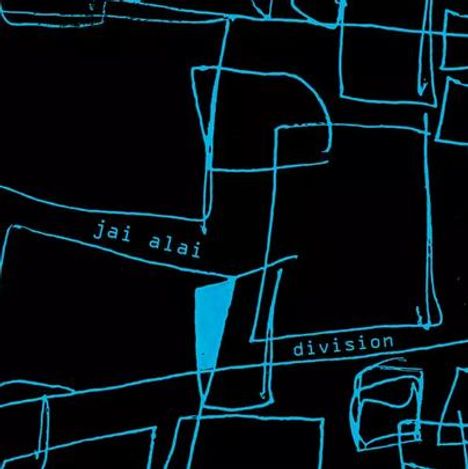 Texte: "jai alai" und "division". Illustration mit blauen, abstrakten Linien auf schwarzem Hintergrund.