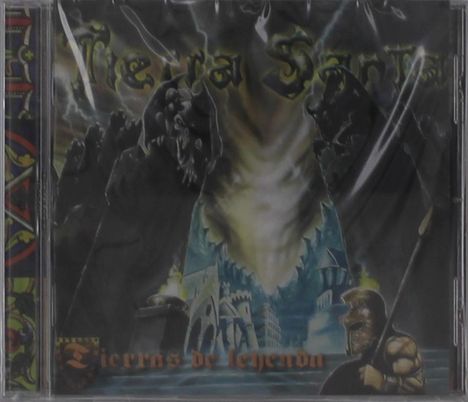 "Tierras de leyenda" in roter Schrift. Illustration: Burg, Krieger mit Helm und Schild, dramatische Himmelsszene.