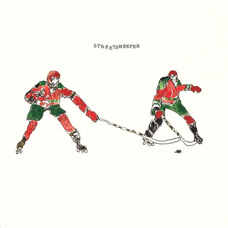 Text: "STREETSWEEPER". Zwei Eishockeyspieler mit grüner und roter Ausrüstung in einer dynamischen Illustration.