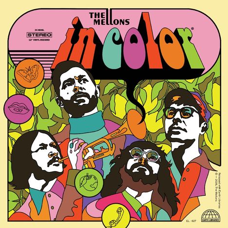 "The Mellons in color" steht in verspielten, bunten Buchstaben; Illustration von vier Musikern mit Trompete und Blättern.