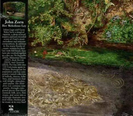 Titel: John Zorn - "Her Mysterious Lax". Beschreibung über musikalische Zusammenarbeit. Links Waldszene mit Grün und Wasser.