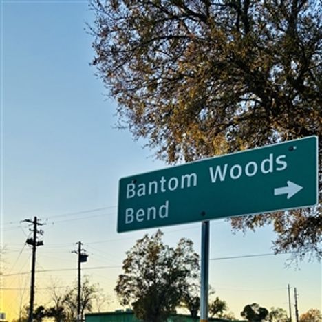 Schild mit der Aufschrift "Bantom Woods Bend"; im Hintergrund Bäume, Stromleitungen und klarer Himmel.