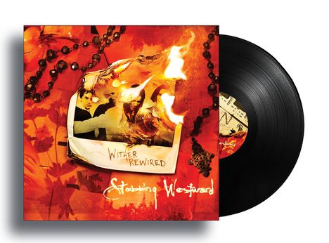 Text: "Wither Rewired", "Stabbing Westward". Eine brennende Polaroid-Fotografie auf einem rot-orangefarbenen Hintergrund.