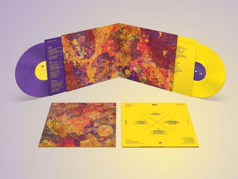 Lila und gelbe Schallplatten mit buntem, abstraktem Cover-Artwork und Tracklist auf einem gelben Umschlag.