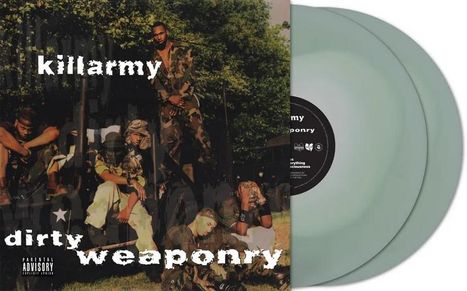 Text: "killarmy", "dirty weaponry". Gruppe in Tarnkleidung, umgeben von Bäumen. Zwei helle Vinylplatten sichtbar.