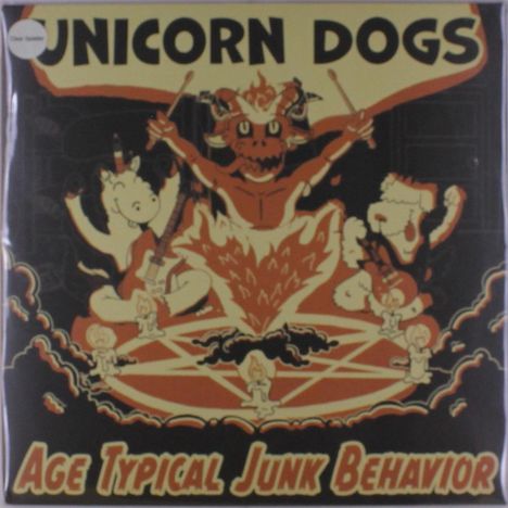 „Unicorn Dogs“ und „Age Typical Junk Behavior“. Cartoonartige Szene mit Fabelwesen und einem feuerspeienden Dämon.