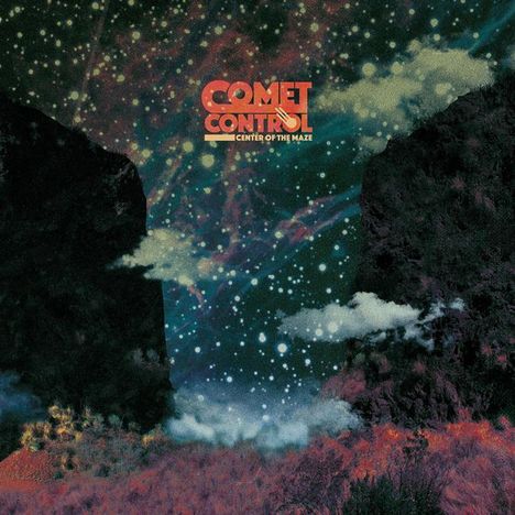 „COMET CONTROL, CENTER OF THE MAZE“; Sternenreicher Himmel über Schluchten, mystische, farbenreiche Atmosphäre.