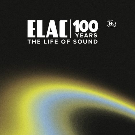 Text: "ELAC 100 YEARS THE LIFE OF SOUND." Illustrierter schwarzer Hintergrund mit gelben und blauen Lichtschimmern.