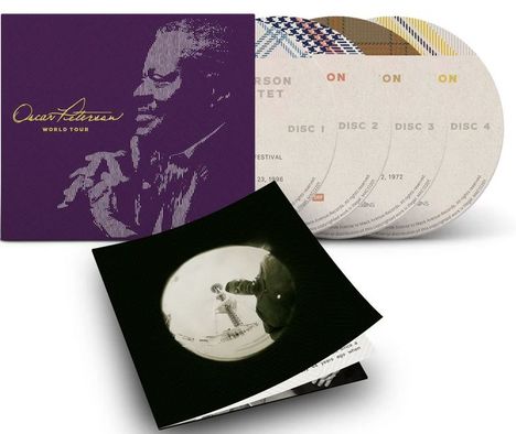 Box mit "Oscar Peterson World Tour", daneben vier CDs. Ein Bild zeigt den CN Tower schwarz-weiß, im Hintergrund ein Mann.