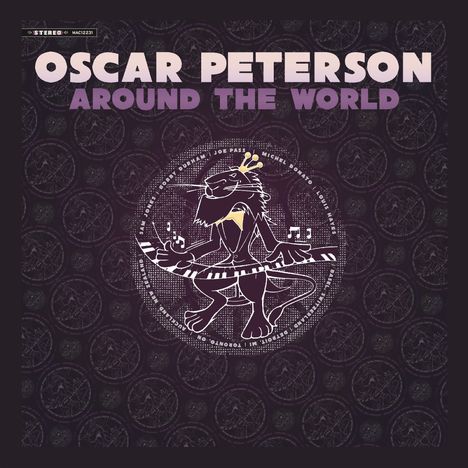 "OSCAR PETERSON AROUND THE WORLD." Ein Löwe mit Krone spielt Klavier, umgeben von Musiknoten, in einem stilisierten Design.