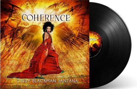 "COHERENCE" und "CINDY BLACKMAN SANTANA" stehen auf einem Albumcover mit Frau in rotem Kleid vor Trommeln auf orangenem Hintergrund.