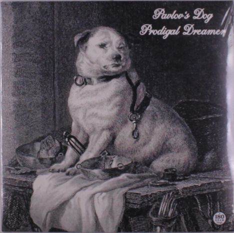 Text: "Pavlov’s Dog Prodigal Dreamer." Illustration eines Hundes mit einem Geschirr, sitzend auf einem Tisch mit Tuch.