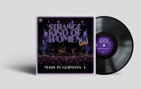 Cover mit den Worten "STRANGE KIND OF WOMEN live! Made in Germany I", ein Konzert vor Publikum, Vinyl daneben.