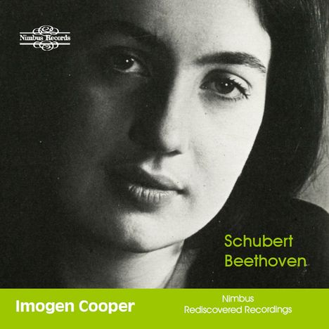 Nimbus Records Logo, Schubert Beethoven, Imogen Cooper in Grün; Schwarz-Weiß-Foto eines Gesichtes.