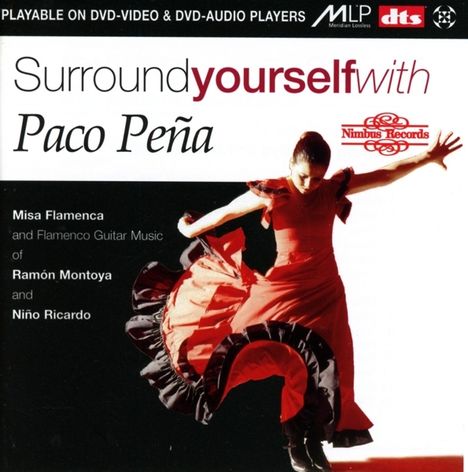 "Surround yourself with Paco Peña", Nimbus Records-Logo, Tänzerin in rotem Flamenco-Kleid, dynamische Pose.