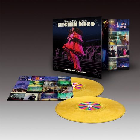 "Sophie Ellis-Bextor's Kitchen Disco. Live at the London Palladium." Gelbe Schallplatten und bunte Collagen sind sichtbar.