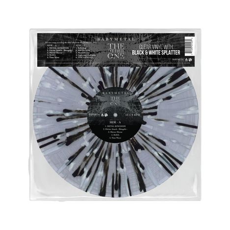 Ein Schallplatten-Cover zeigt: "BABYMETAL", "THE OTHER ONE", "Clear Vinyl with Black & White Splatter." Trackliste ist sichtbar.
