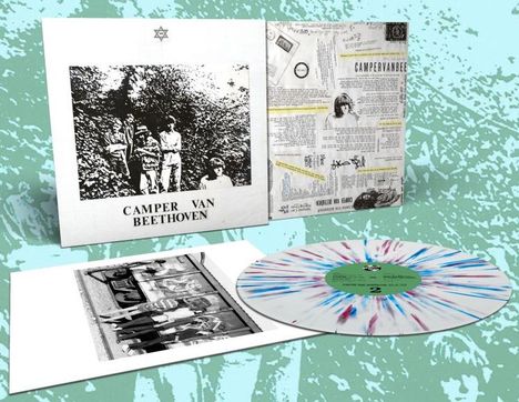 "Camper Van Beethoven" auf einem Plattencover. Darunter ein Foto einer Gruppe; daneben eine bunte Schallplatte.