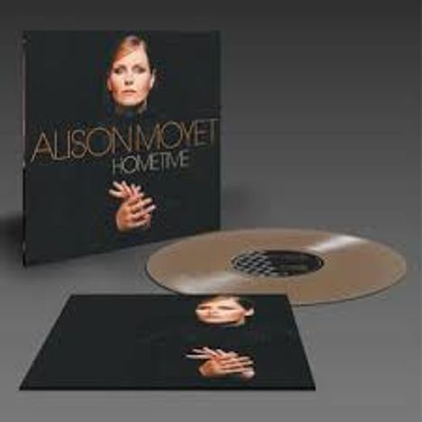 Titel: "ALISON MOYET HOMETIME". Eine Albumhülle und Schallplatte mit ihrem Bild, auf grauem Hintergrund.