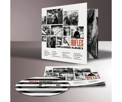 "THE RIFLES UNPLUGGED ALBUM 2" listet 18 Tracks. Das Cover zeigt schwarz-weiße Studiobilder. Eine CD liegt daneben.