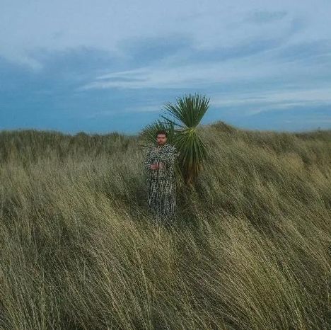 Person in tarnfarbenem Gewand steht in hohen Gräsern neben einer Yucca-Palme unter bewölktem Himmel.