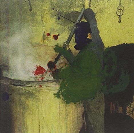 Eine düstere, abstrakte Illustration mit grünem, blauem und rotem Farbspritzer; Person mit Stange hantiert über Dampf.