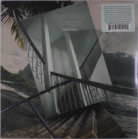 "Ein Treppenhaus mit dem Text: 'Sugar Candy Mountain Impression'. Collage mit Natur und Architektur."