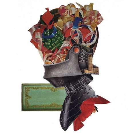 Text ist keiner vorhanden. Eine surreale Collage mit einem Ritterhelm, bunten Papieren und einem grünen rechteckigen Rahmen.