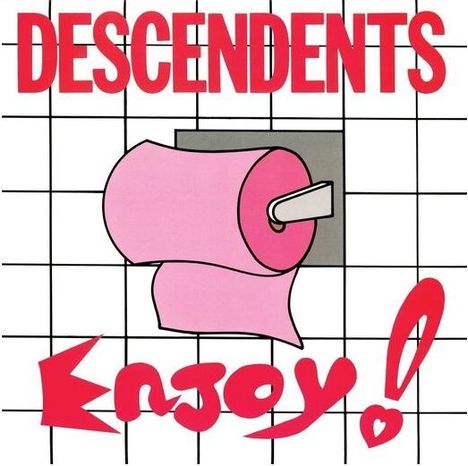 TEXT: "DESCENDENTS" oben, "Enjoy!" unten. Illustration: Rosa Toilettenpapierrolle auf kariertem Hintergrund.
