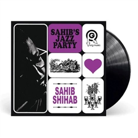 SAHIB'S JAZZ PARTY, Sahib Shihab; Illustration mit Gesicht, Haus, Herz, Blumen, schwarzer Hintergrund, Schallplatte rechts.