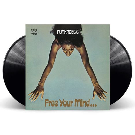 Text: "Funkadelic", "Free Your Mind...". Eine Frau streckt die Arme nach vorne. Im Hintergrund sind zwei Schallplatten.