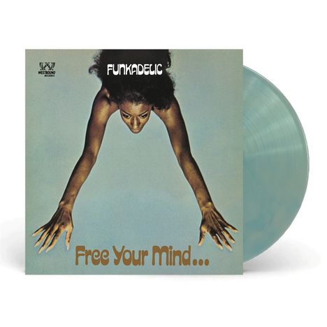 Texte: "Funkadelic", "Free Your Mind...". Illustration: Eine Person streckt die Arme auf blauem Hintergrund aus. Schallplatte sichtbar.