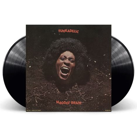 Text: "Funkadelic" oben, "Maggot Brain" unten. Gesicht einer schreienden Person in der Erde. Zwei Vinyl-Schallplatten.