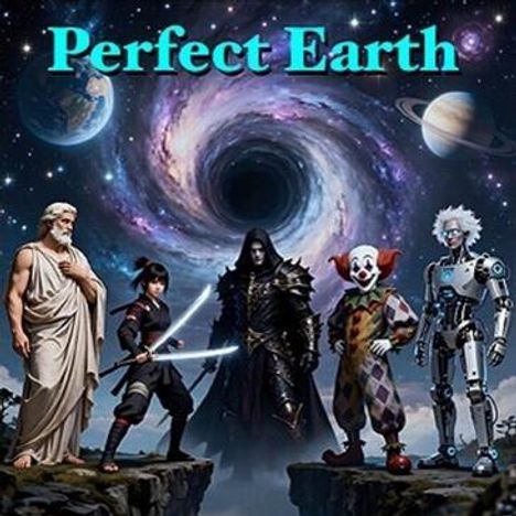 Text: "Perfect Earth". Eine diverse Gruppe von Figuren steht vor einem kosmischen Hintergrund mit einem schwarzen Loch.