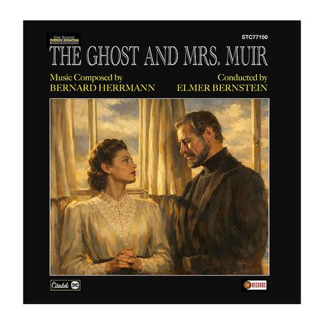 "THE GHOST AND MRS. MUIR" oben. Namen: Bernard Herrmann, Elmer Bernstein. Gemälde: Frau im Kleid, Mann in dunkler Kleidung.