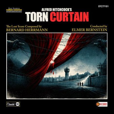 STC77151, Alfred Hitchcock's Torn Curtain, Bernard Herrmann, Elmer Bernstein, roter Vorhang reißt, düstere Wachtürme.