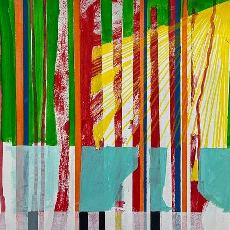 Abstrakte Malerei mit vertikalen, bunten Streifen in Grün, Rot, Gelb, Blau und Türkis.
