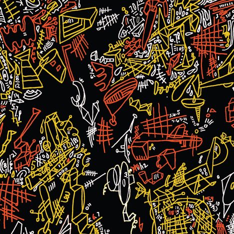 Kritzelartige Zeichnungen in Rot, Gelb und Weiß auf schwarzem Hintergrund mit Zahlen und geometrischen Formen.