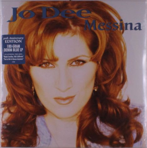 "Jo Dee Messina" Text oben; "180-GRAM DENIM BLUE LP" auf Aufkleber; Frau mit roten Haaren im Porträt.