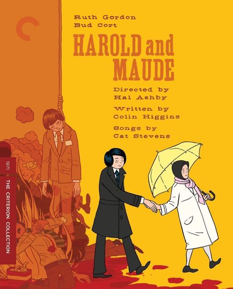 Text: "Harold and Maude. Directed by Hal Ashby. Written by Colin Higgins. Songs by Cat Stevens." Illustration: Ein Paar, Hand in Hand.