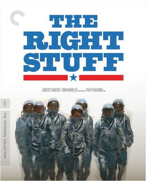 „The Right Stuff“ in blauer Schrift, darunter sieben Astronauten in silbernen Anzügen. Links ein vertikaler Text.