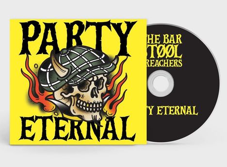 Text "PARTY ETERNAL" in großer Schrift. Ein Schädel trägt eine karierte Mütze, umgeben von Flammen. CD daneben.