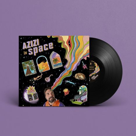 „AZIZI in SPACE“ steht oben. Illustrationen eines Mannes mit regenbogenartigen Linien und faszinierenden Elementen um ihn.