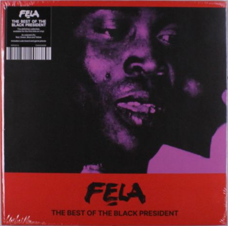 „Fela: The Best of the Black President“ steht unter einem Porträt von Fela Kuti mit rotem Hintergrund.