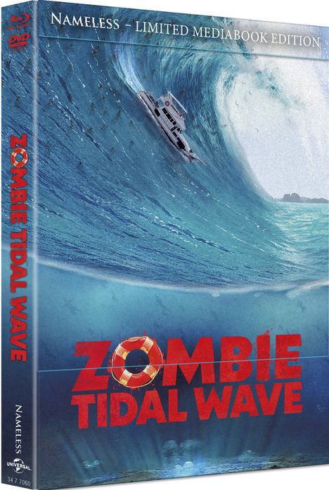 “Zombie Tidal Wave” in roter Schrift auf Blau. Großes Bild einer riesigen Welle mit einem Schiff.