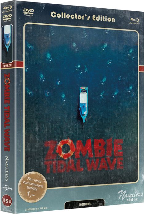 Collector's Edition, ZOMBIE TIDAL WAVE, Horror; Film nicht zurückgespult Gebühr 1,-; Lauflänge ca. 86 Min. 

Illustration: Ein Boot im Meer.