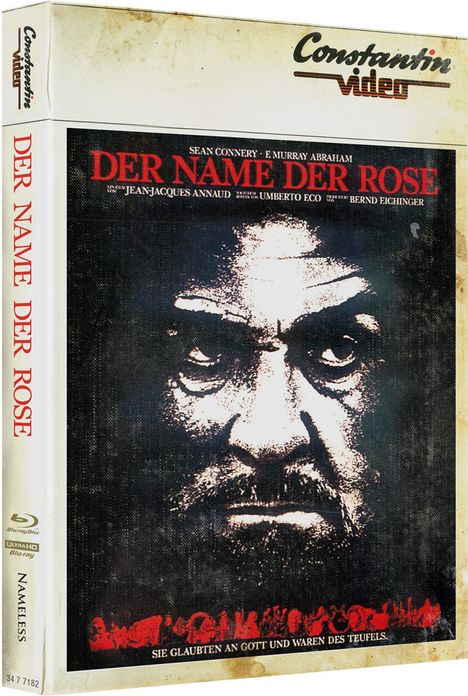 "Der Name der Rose" in roter Schrift auf einem Blu-ray-Cover, mit einem intensiven Gesicht im Hintergrund.