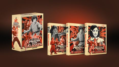 "Meister aller Klassen Trilogie" auf Boxset und drei DVD-Covern mit Kampfsportmotiven in Rot- und Grautönen.